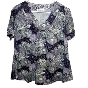 Ninedaily Purple White Paisley V-Neck Short Sleeve Blouse Size 2XL